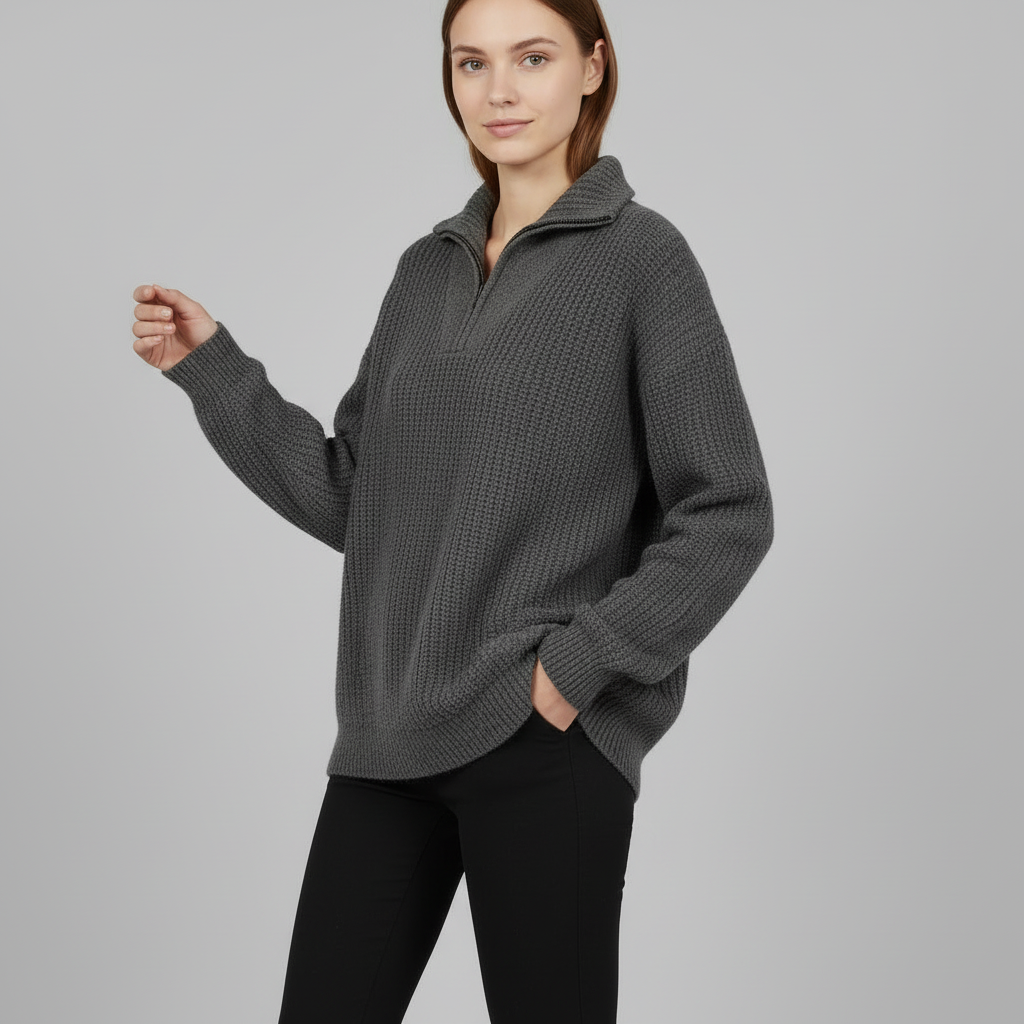 Dafina | Women's V-Neck Zipper Sweater in Cotton-Acrylic Blend 6