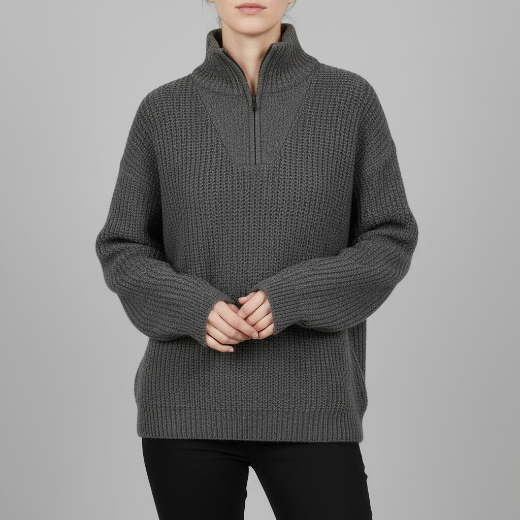 Dafina | Women's V-Neck Zipper Sweater in Cotton-Acrylic Blend 7